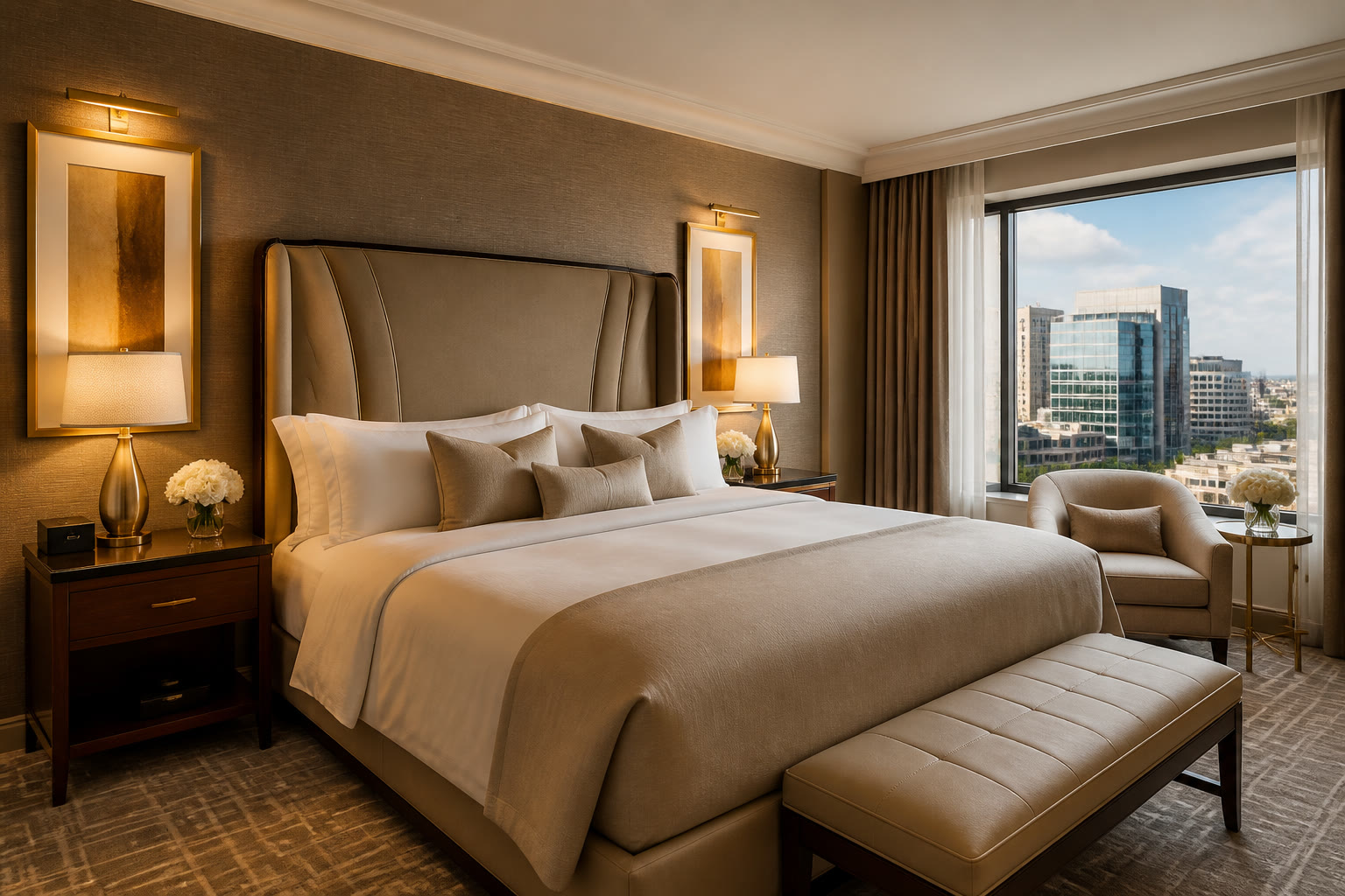 Hotelzimmer mit gerahmten Bildern