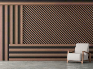 Wood battens wall idea 3d render,Decorate with loft style chair,Sunlight shining to the wall.